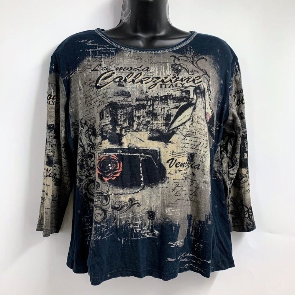 Jess & Jane Women's La Moda Collezione Italy Bedazzled Long Sleeve Shirt Size M
